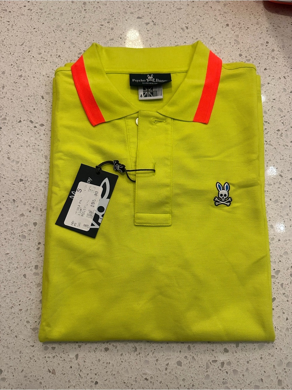 Psycho Bunny Neon Lime Polo with Red Collar Stripe
